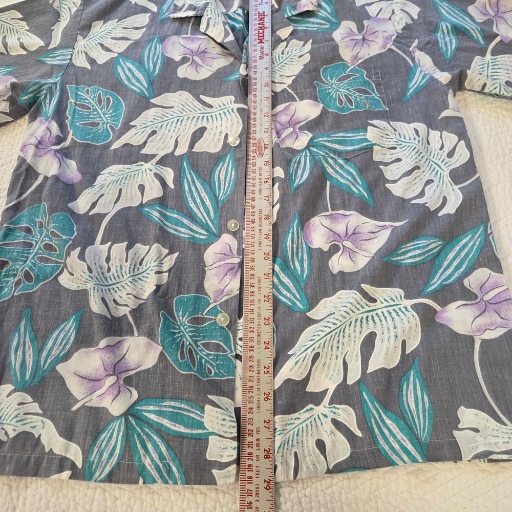 New Horizon Mens Medium Hawaiian Shirt Gray Teal Floral Monstera Made in Hawaii - Picture 6 of 6